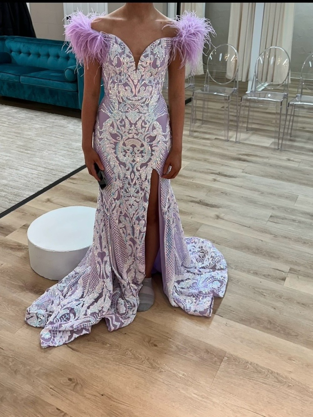 Lilac Sequin Feather-Trim Off-Shoulder Evening Gown